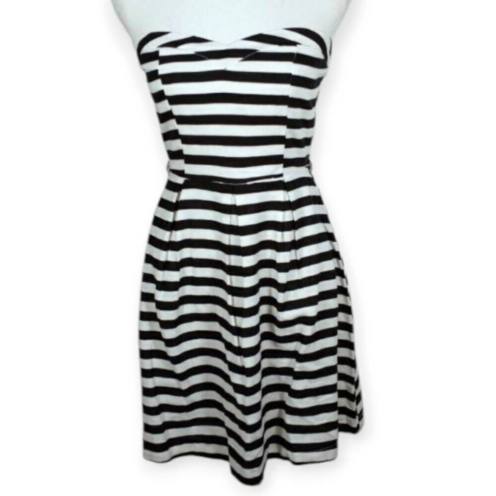 Have Black and White Strapless Stripe Fit-and-Flare Dress